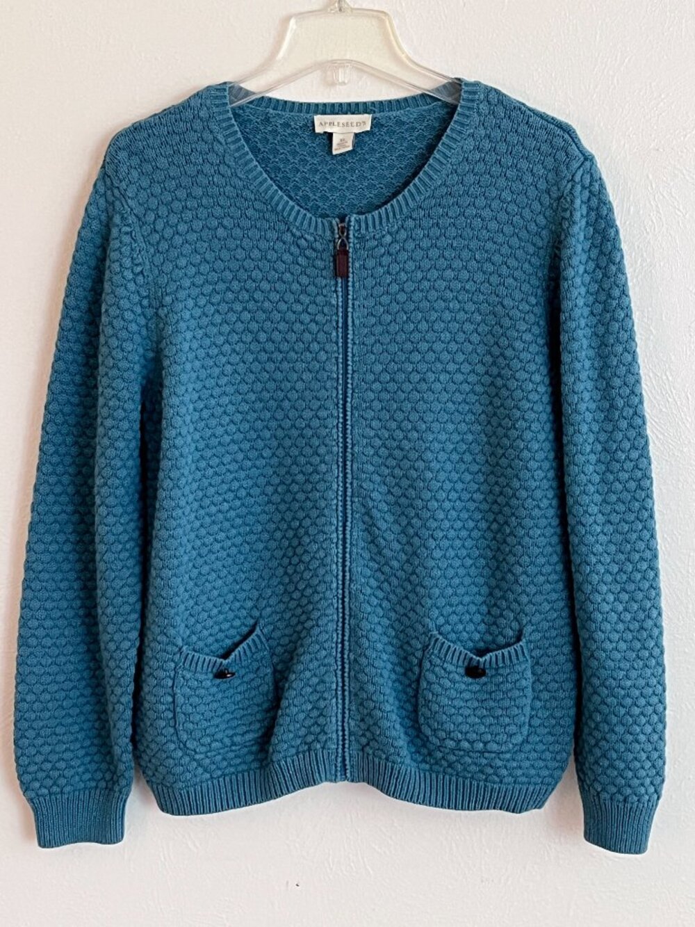 Appleseed's 100% Cotton Blue Textured Knit Zip Cardigan Pockets XL Cottagecore